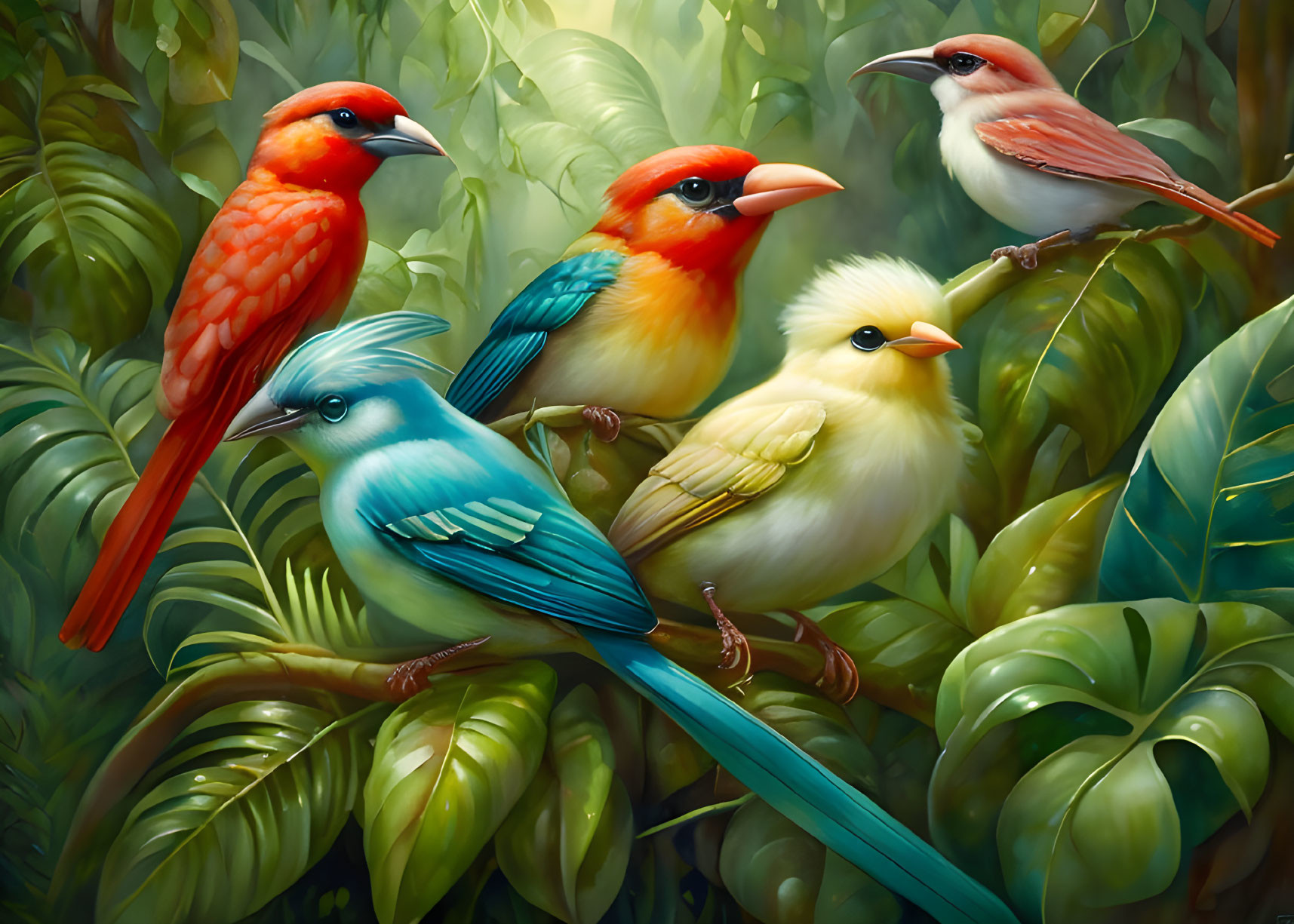 Colorful Birds Perched on Branches in Lush Green Foliage