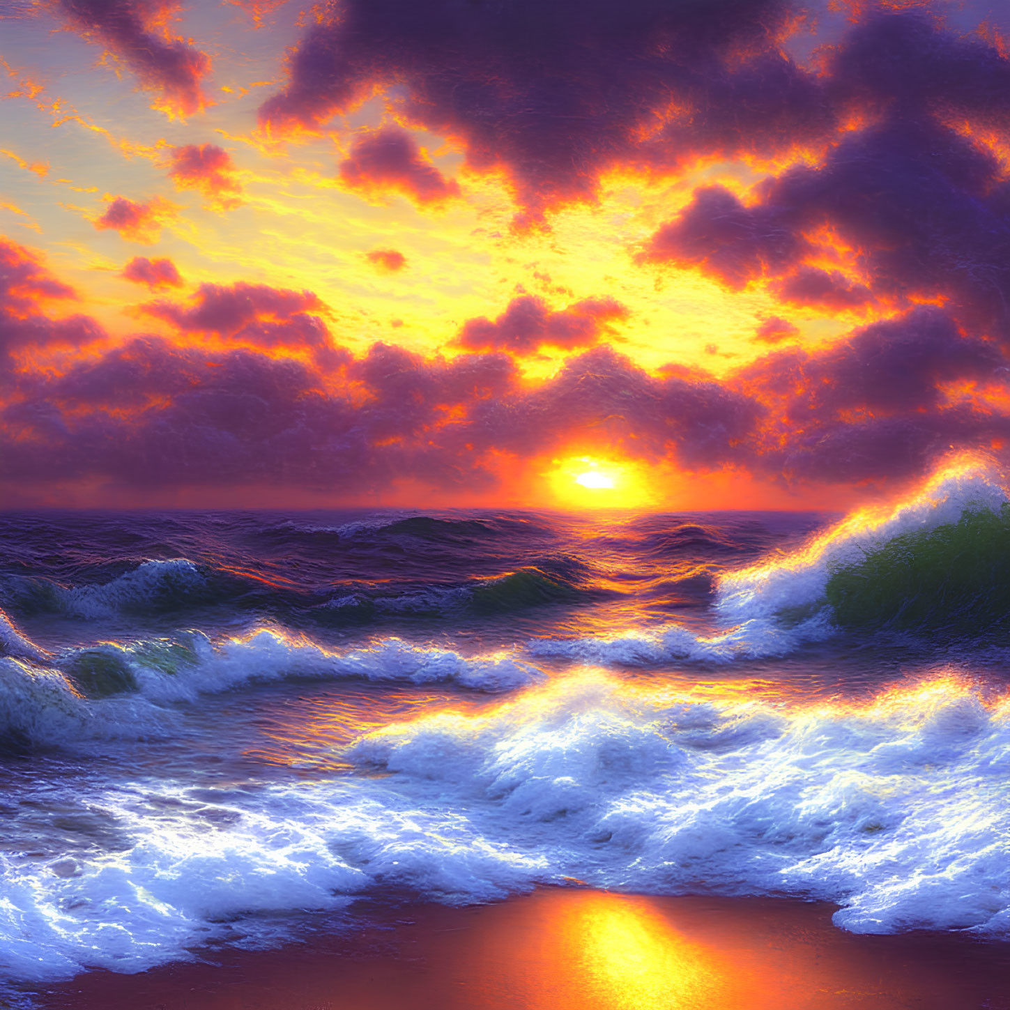 Vibrant orange-purple sunset over tumultuous sea with dramatic clouds