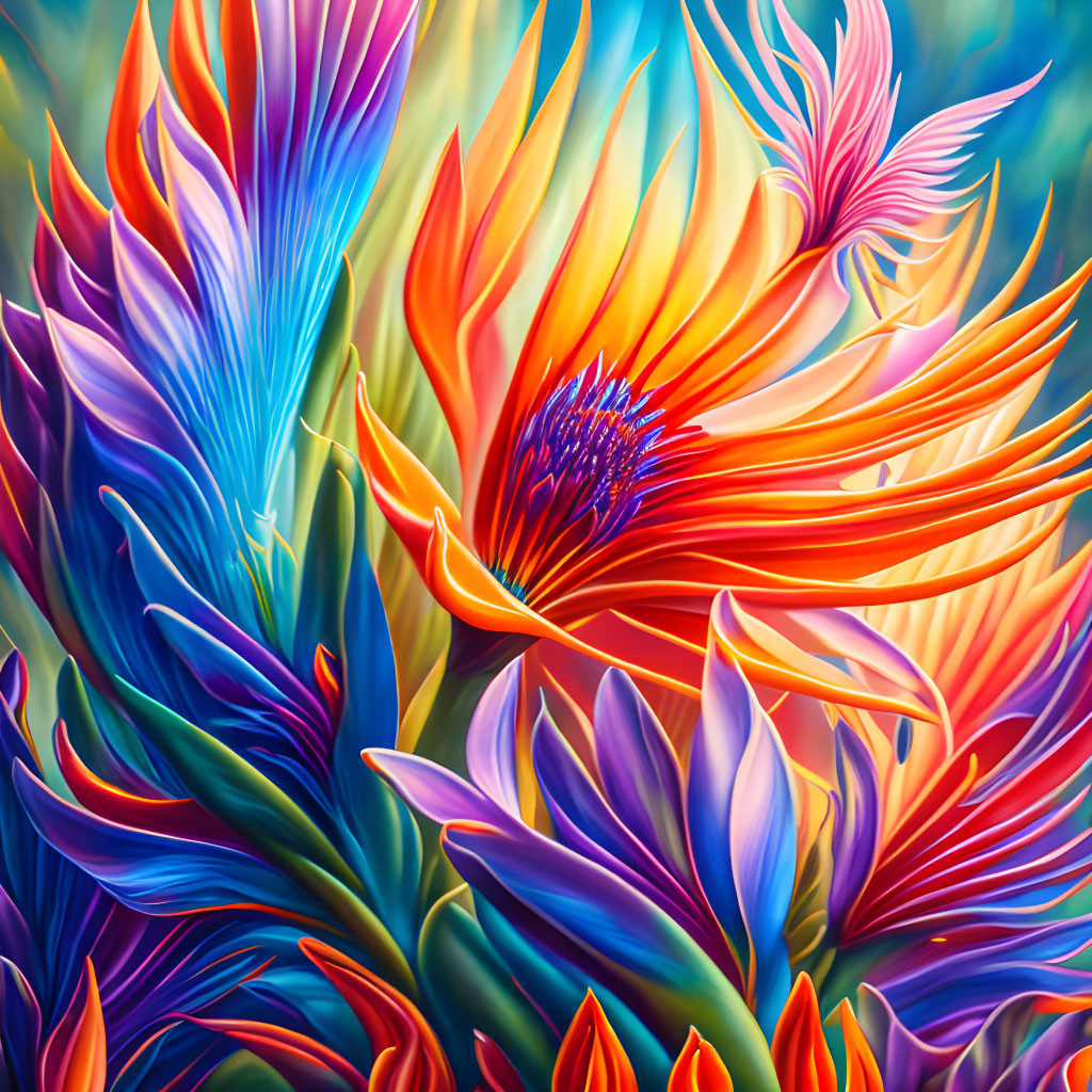 Abstract painting of vibrant stylized flowers in blue, orange, purple, and pink