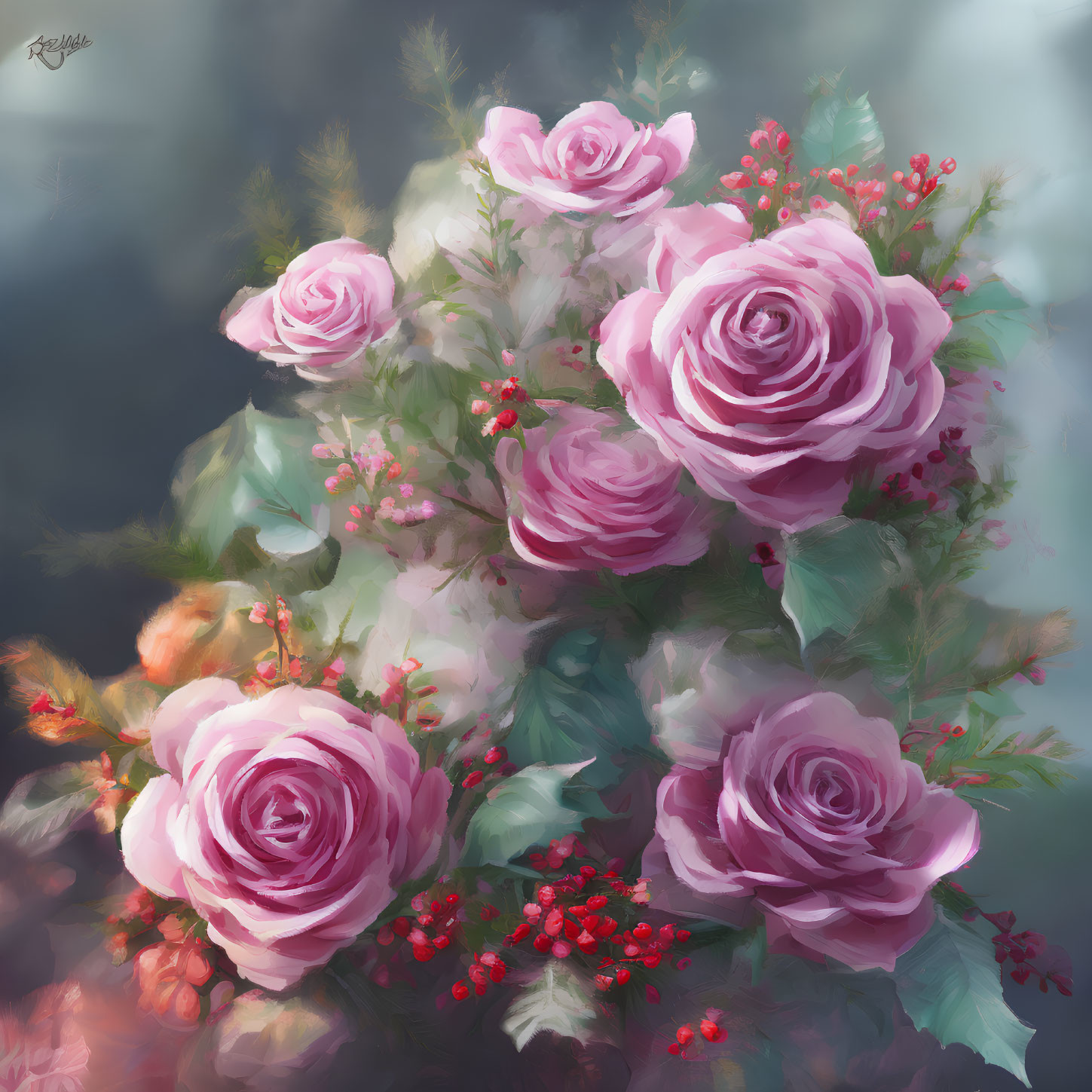 Detailed digital painting of lush pink roses and red berries on soft green foliage.