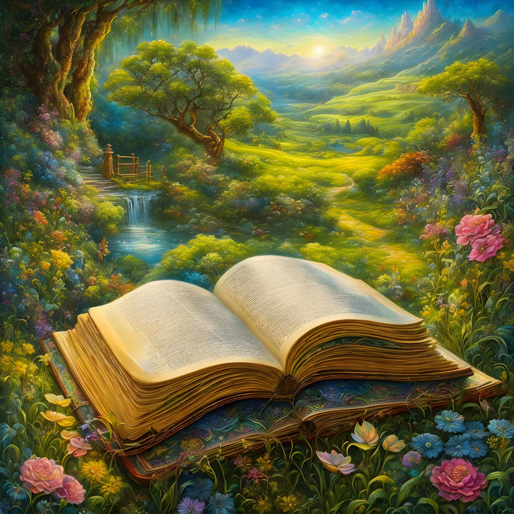 Vibrant fantasy landscape with open book, flowers, and sunset