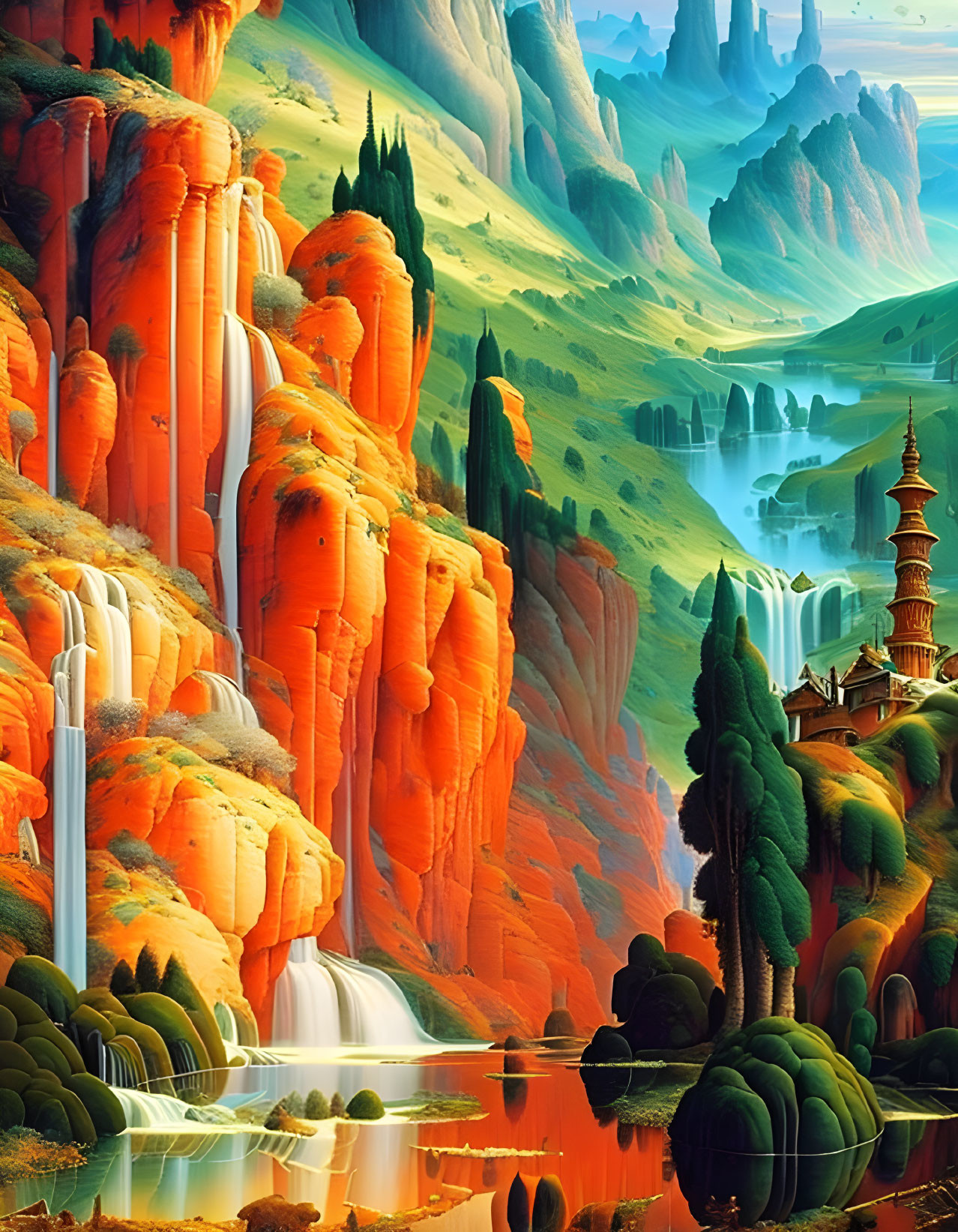 Fantastical landscape with orange cliffs, waterfalls, greenery, and castle