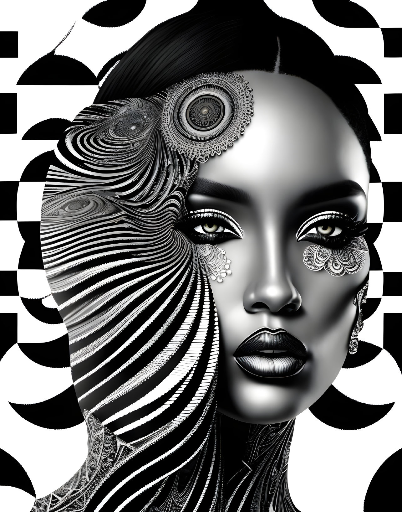 Monochrome digital art: Woman with intricate patterns on head and face against op-art background