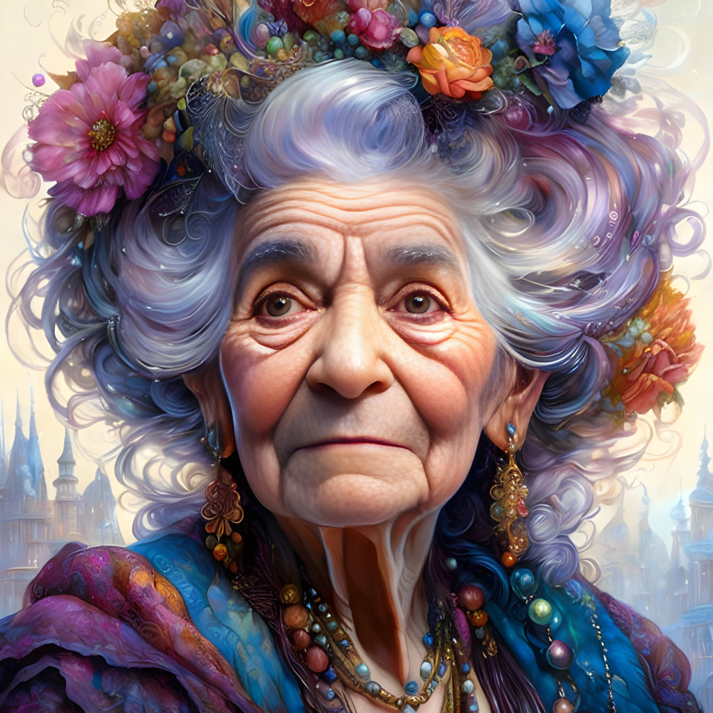 Colorful hair and ornate jewelry on elderly lady in fantasy castle scene