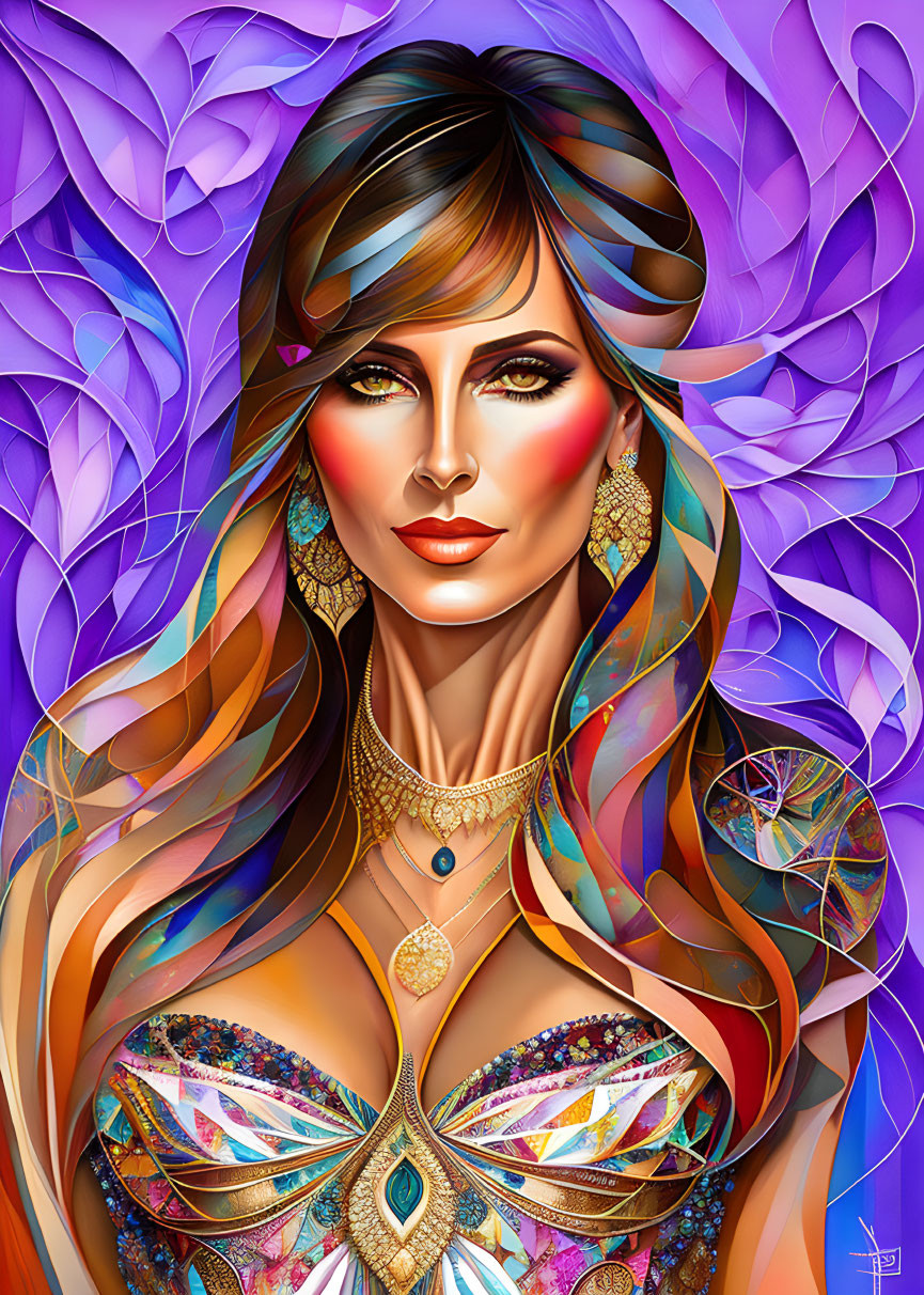 Colorful digital portrait of a stylized woman with intricate makeup and ornate jewelry.