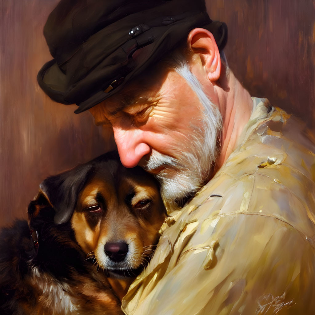 Emotive painting: Older man in cap with brown and black dog in affectionate embrace