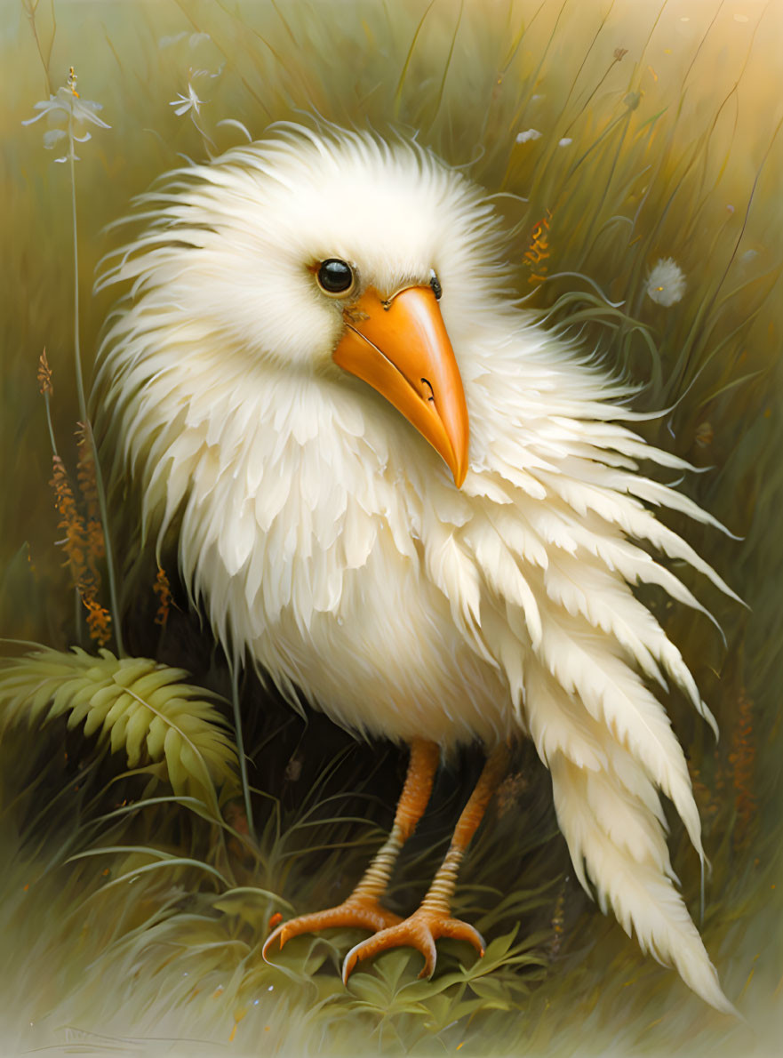 Fantasy illustration of white bird with sharp orange beak in grass.