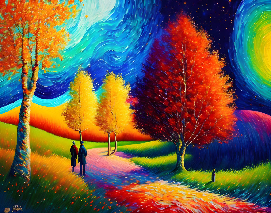 Colorful painting of two figures in swirling landscape