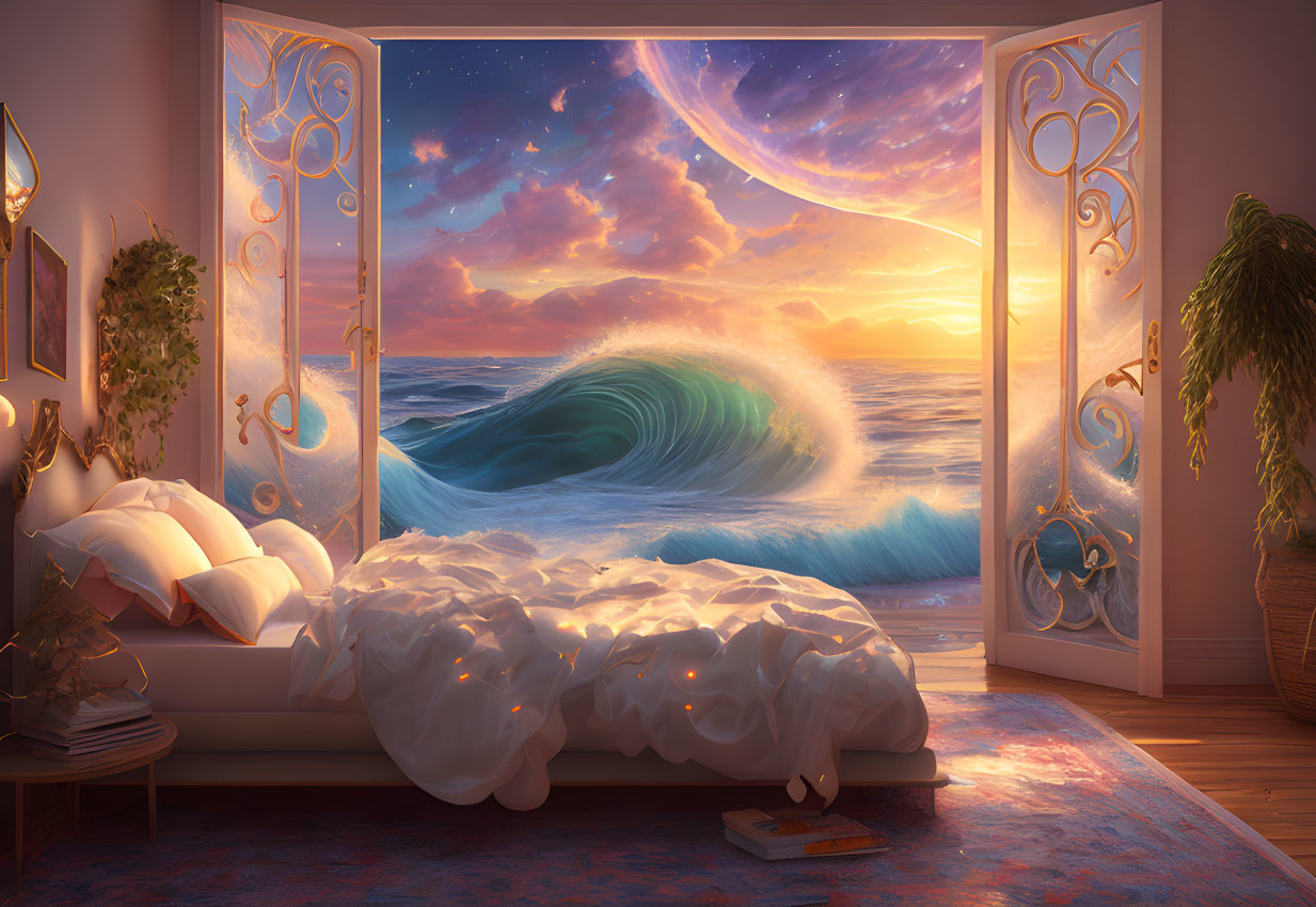 Tranquil bedroom with open doors overlooking surreal ocean wave at dusk