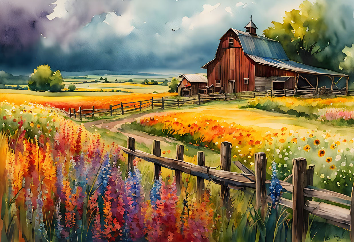 Colorful Watercolor Painting of Red Barn in Flower Meadow Under Stormy Sky