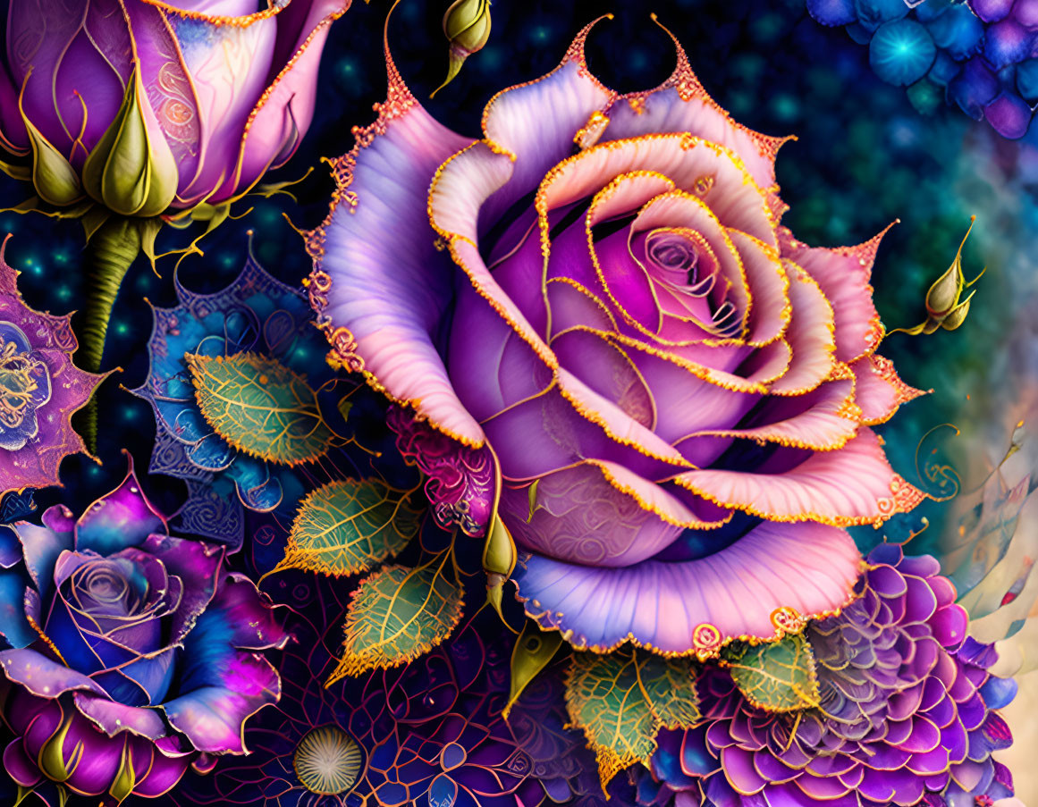 Colorful digital artwork featuring a purple rose with gold edges and glowing orbs in lush foliage