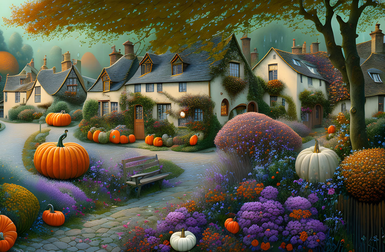 Traditional village scene: houses, autumn flowers, pumpkins on cobblestone path