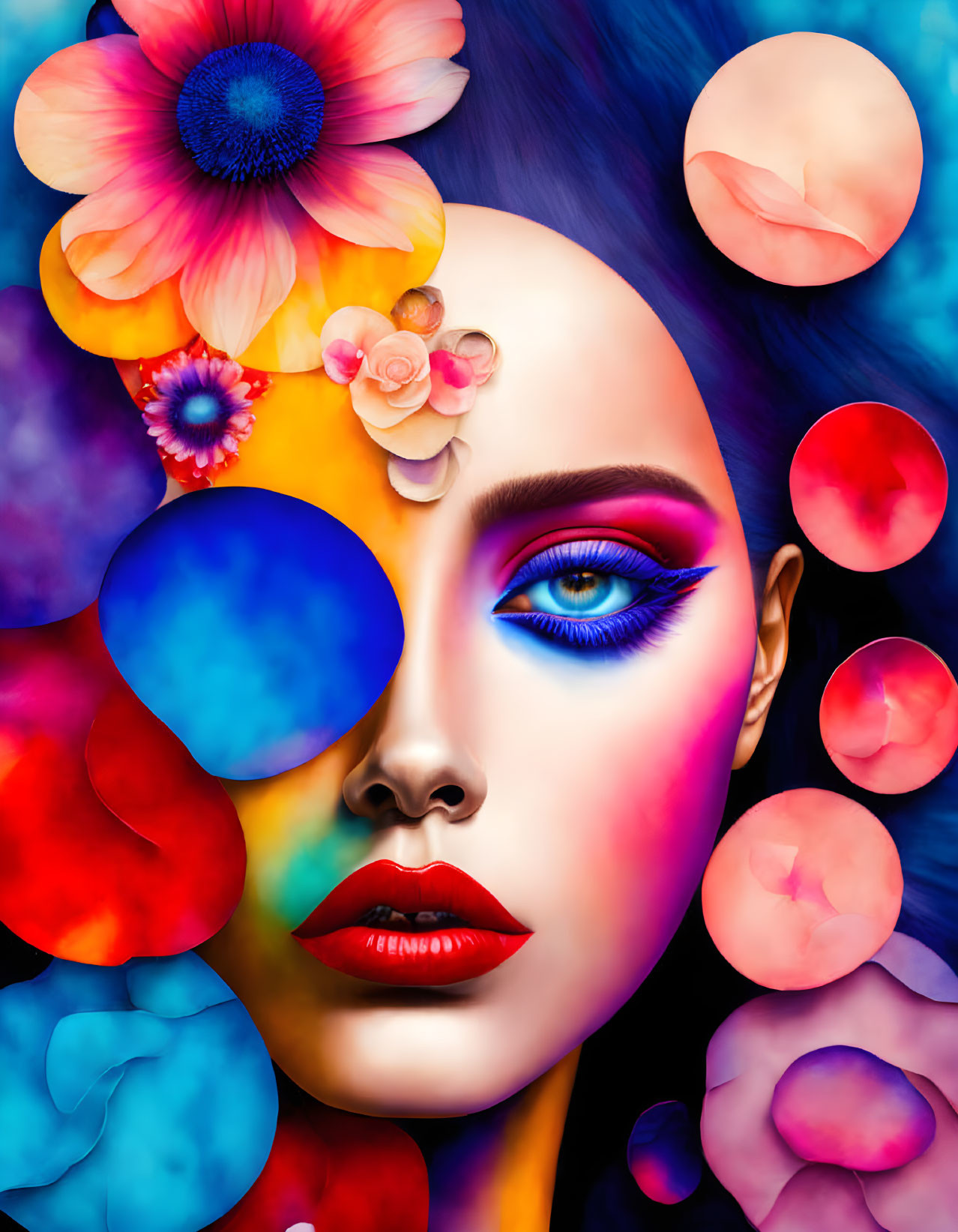 Colorful digital art featuring woman's face with bold circles and flowers