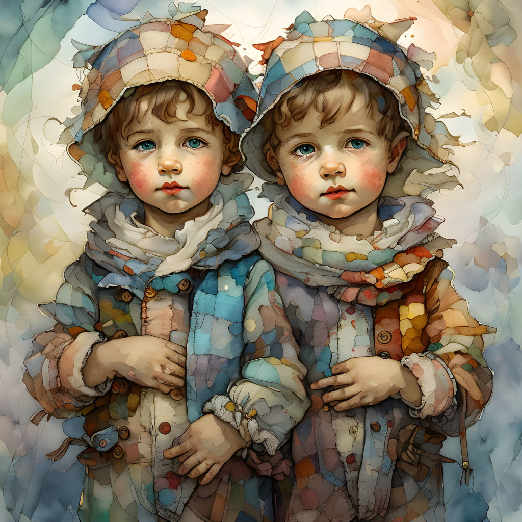 Young children with blue eyes in colorful clothing and whimsical hats