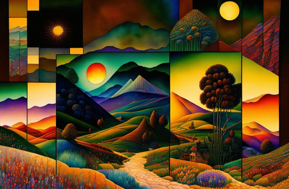 Colorful Geometric Landscape Mosaic with Hills, Trees, Suns, and Path