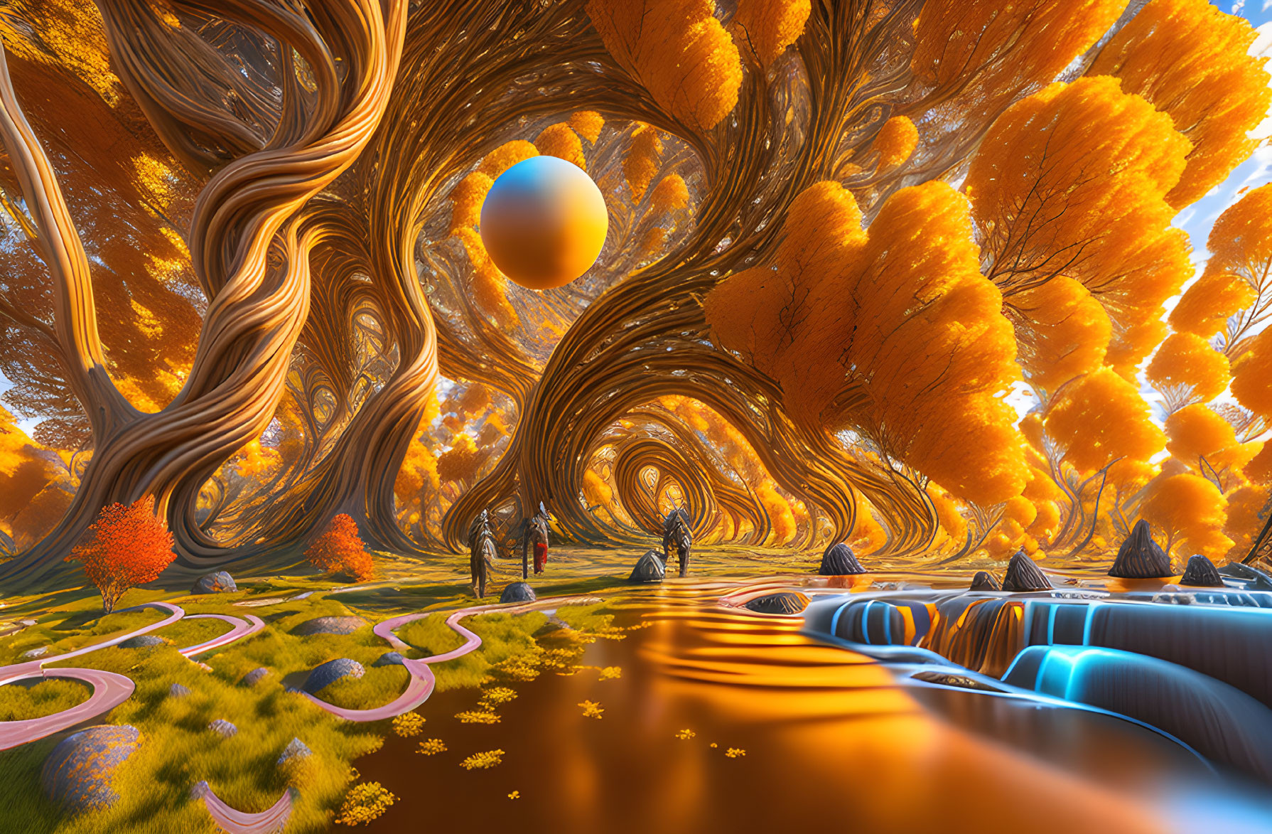 Surreal landscape with golden trees, blue river, people, and floating orange sphere