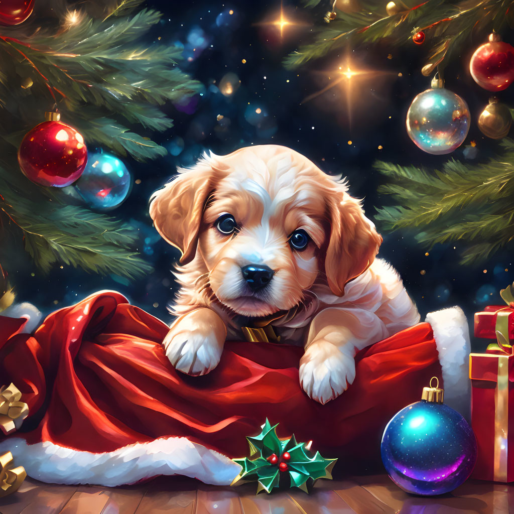 Adorable Puppy in Santa Hat with Christmas Decorations