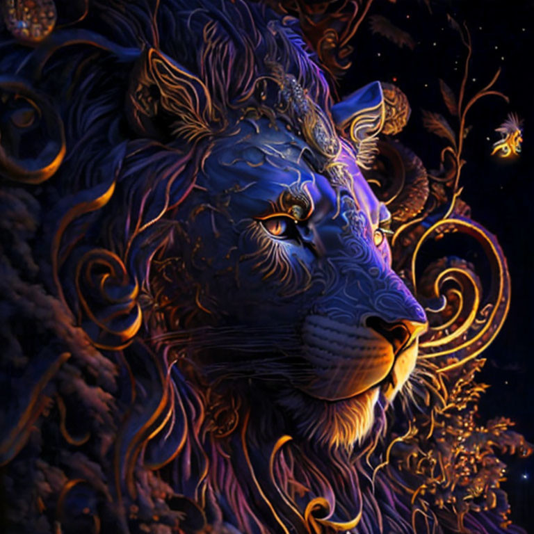 Stylized blue lion digital art with intricate patterns on dark starry background