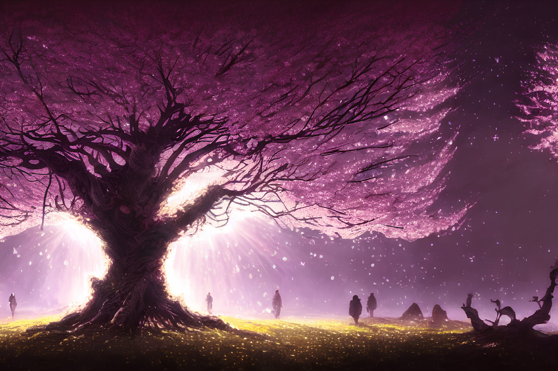 Fantasy landscape with massive purple tree and glowing lights