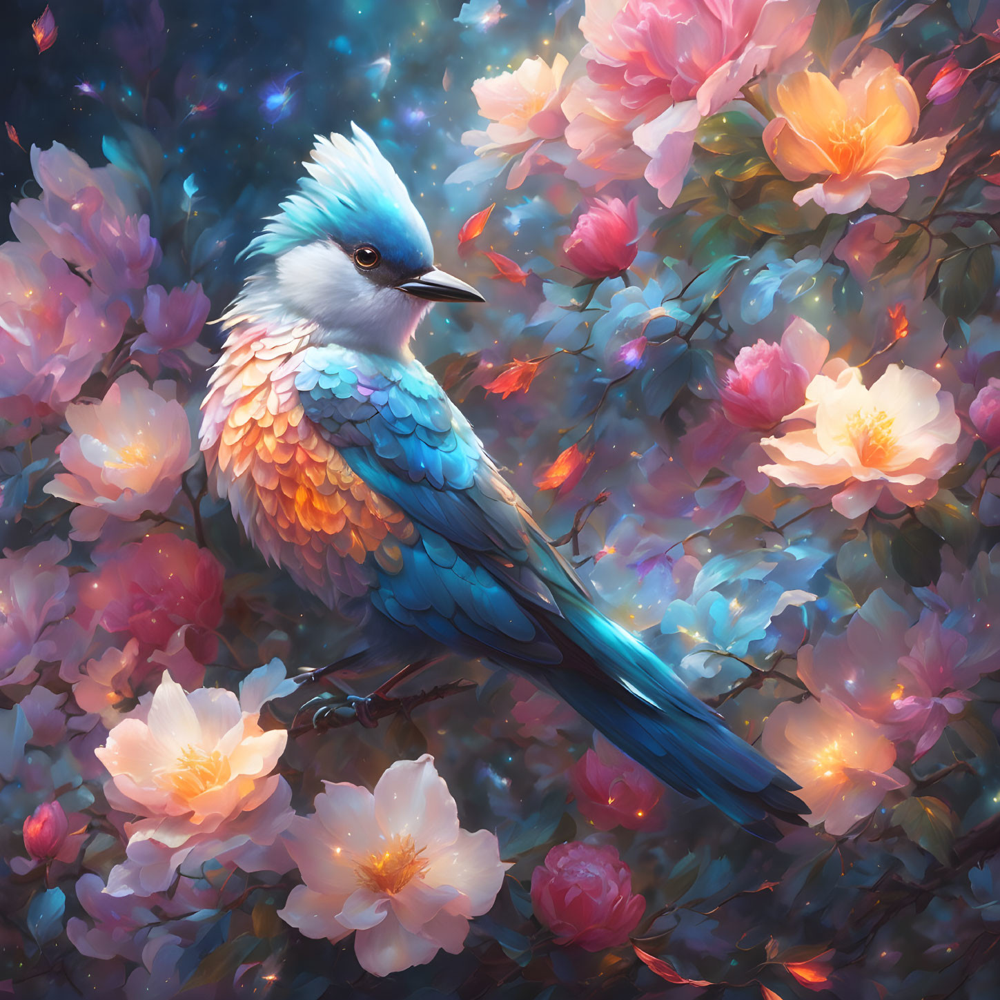 Colorful Artwork Featuring Blue and Orange Bird Among Luminous Flowers