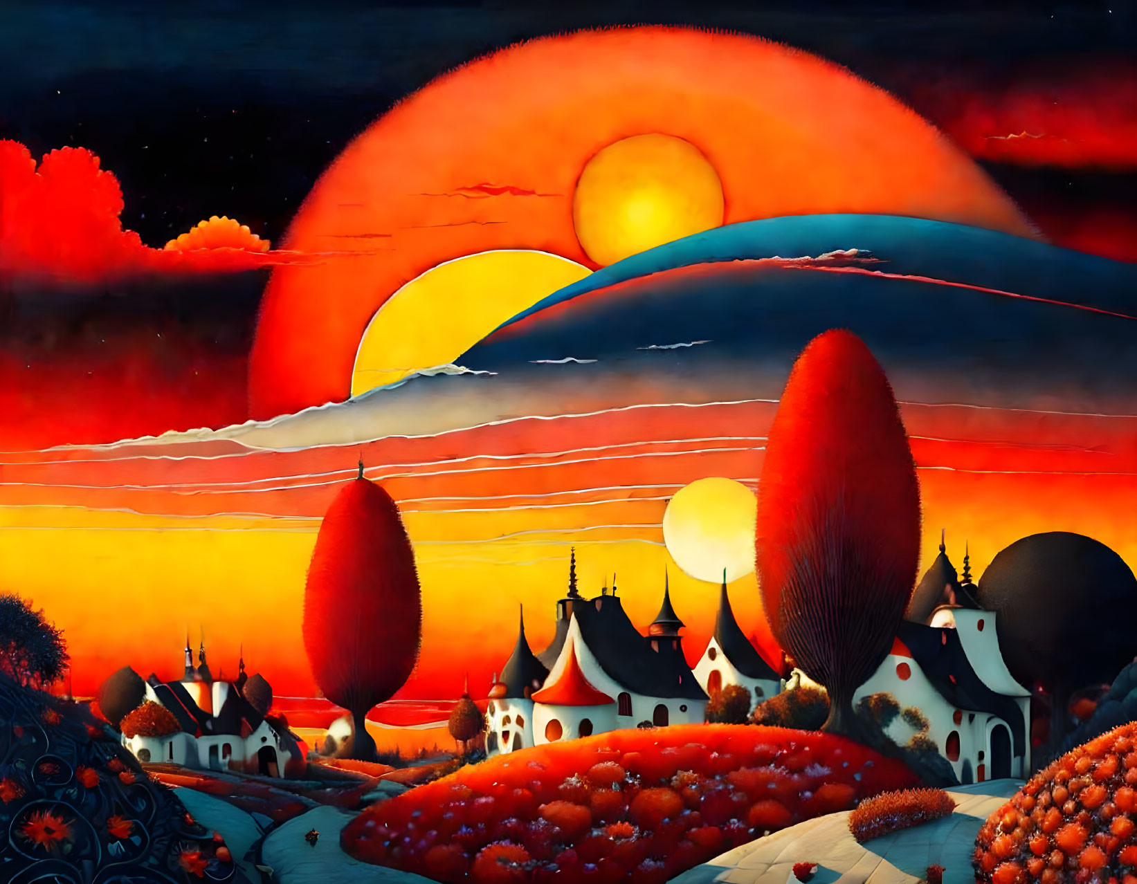 Vibrant surreal landscape with oversized suns and whimsical elements