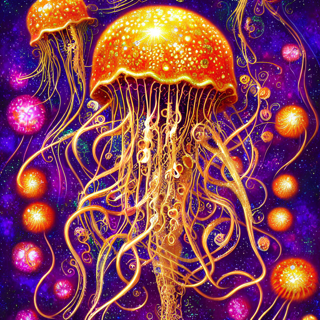 Colorful jellyfish and cosmic orbs in deep-purple space.