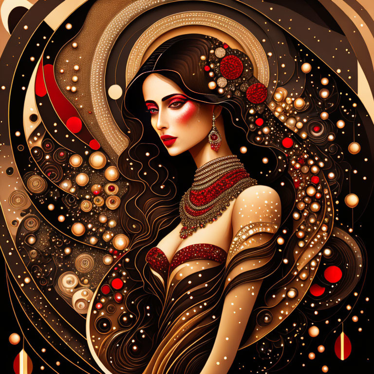 Dark-haired woman with red jewels on cosmic backdrop in brown, gold, and red