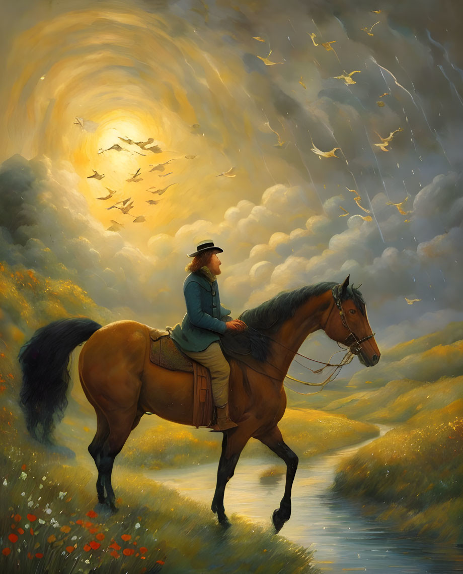 Brown horse rider admires swirling sky with birds over golden landscape