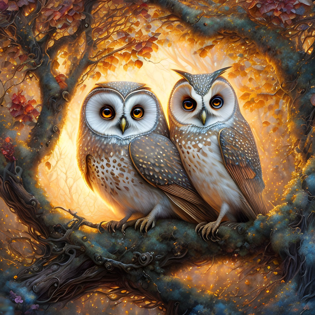 Illustrated Owls with Intricate Feather Patterns on Autumn Branch