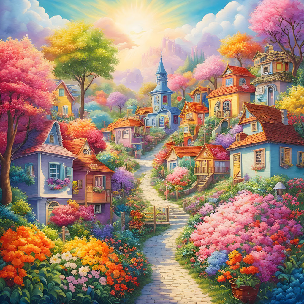 Colorful illustration of whimsical village with blooming trees, quaint houses, and castle on hill under