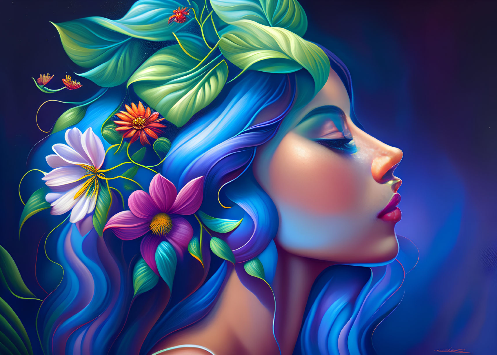 Blue-skinned woman with floral hair on dark background