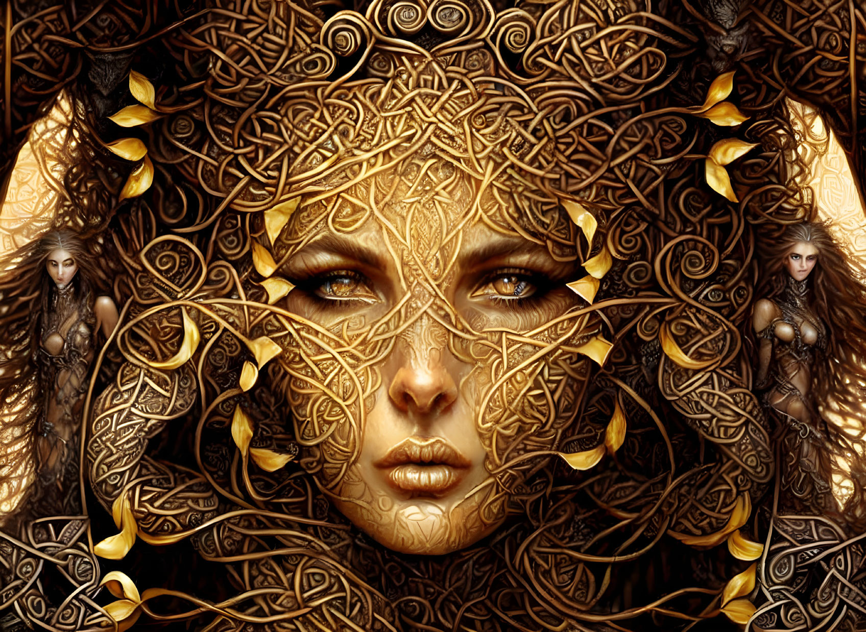 Intricate artwork of woman's face with golden swirls and intertwined figures