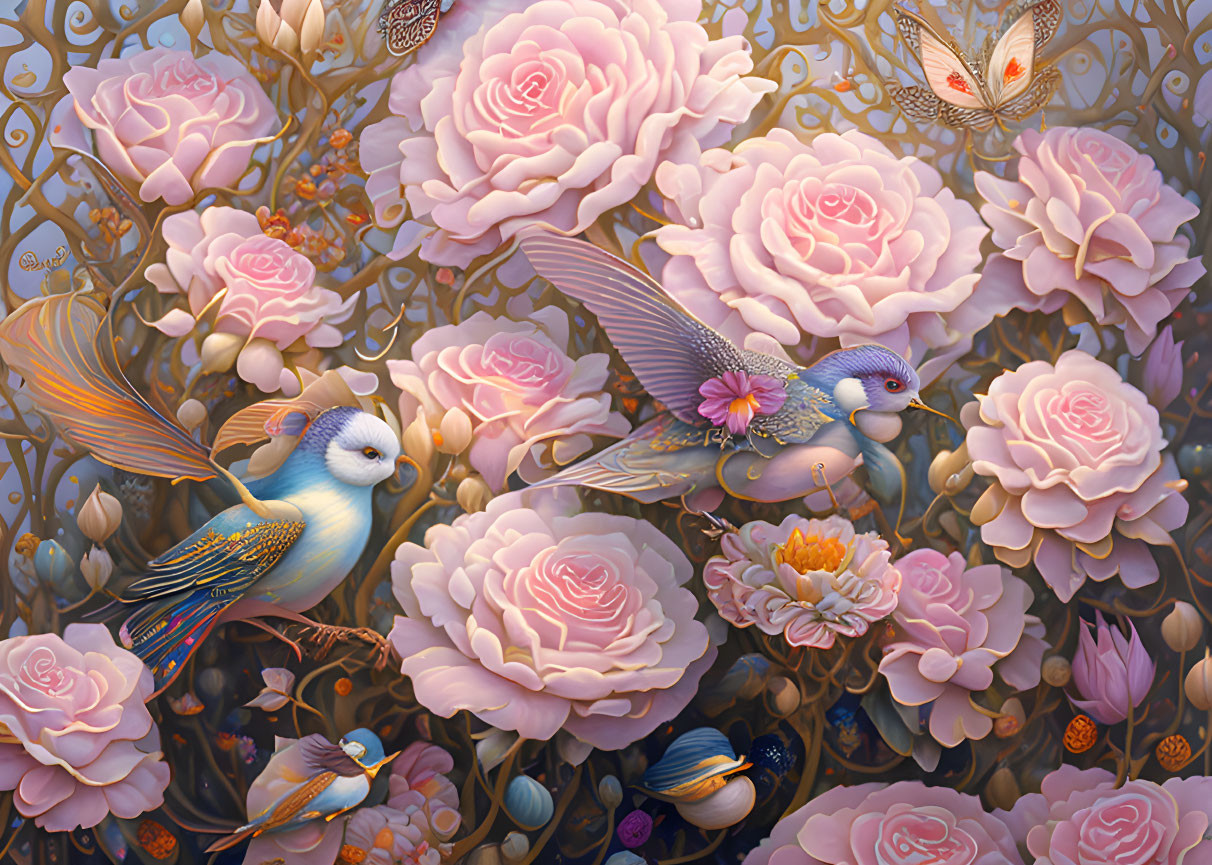 Detailed artwork: pastel roses, delicate butterflies, colorful birds, blooming flora