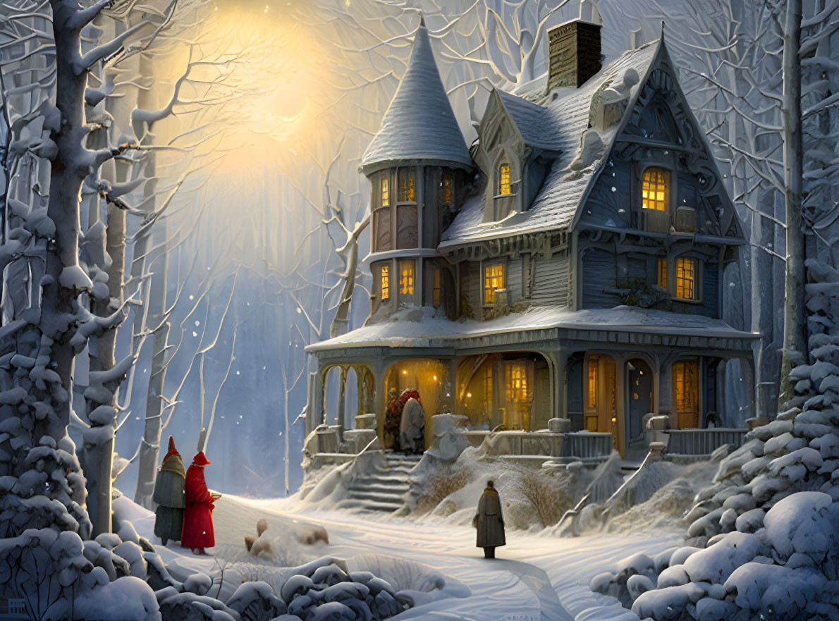 Victorian house in snow at sunset with people and warm lit windows