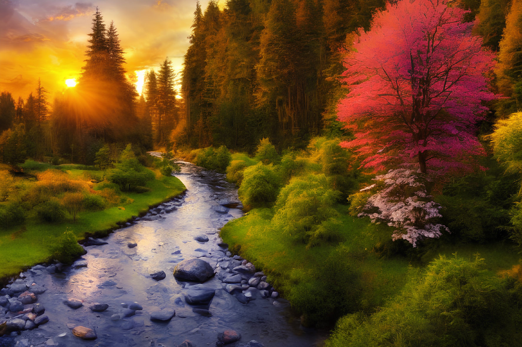 Serene river at sunset with pink and white blossoming trees