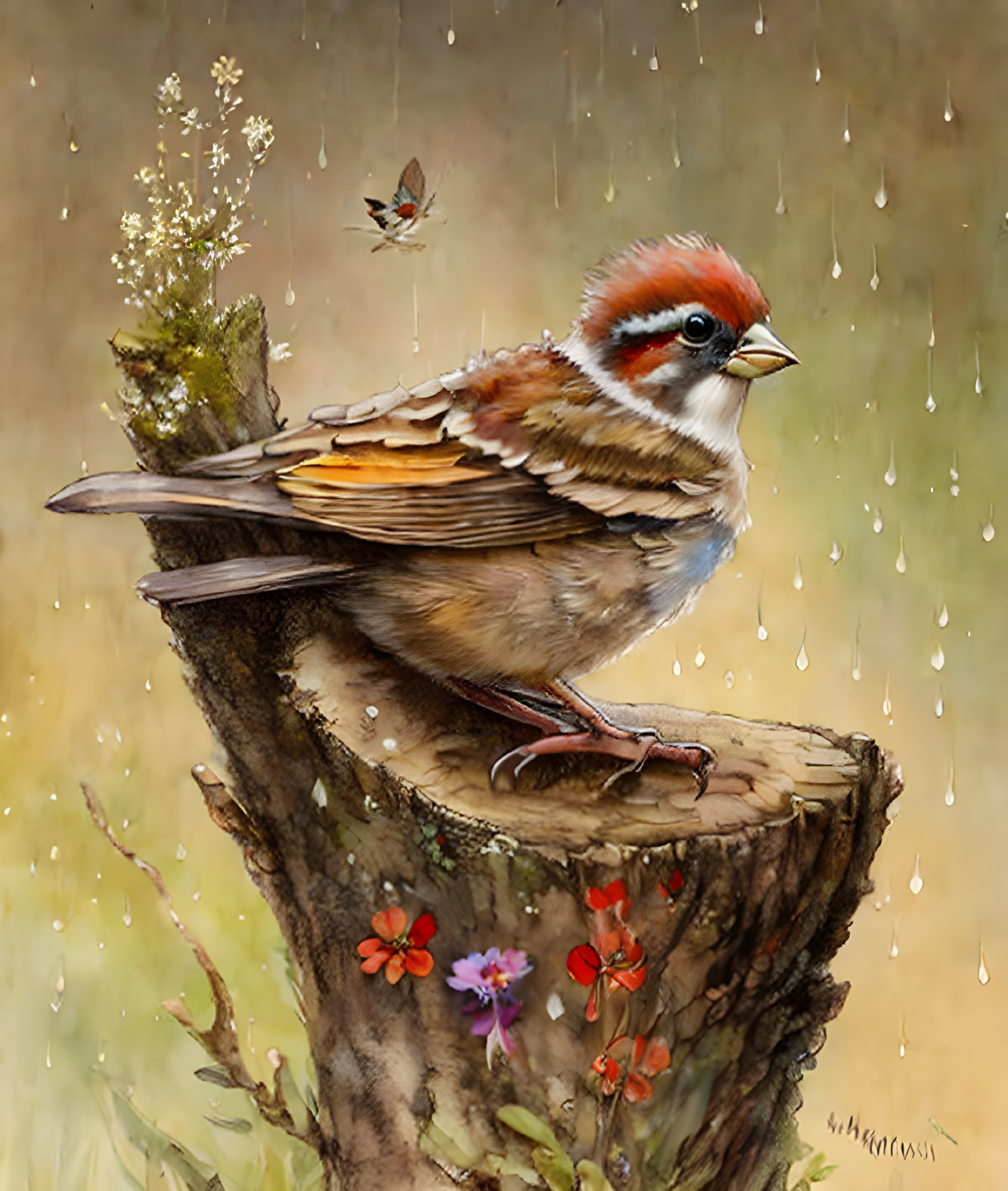 Colorful Sparrow Perched on Tree Stump in Rain with Flowers and Butterfly