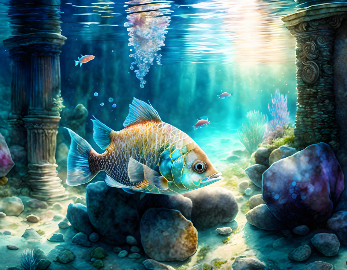 Colorful underwater scene with fish, sunbeams, pillars & marine life