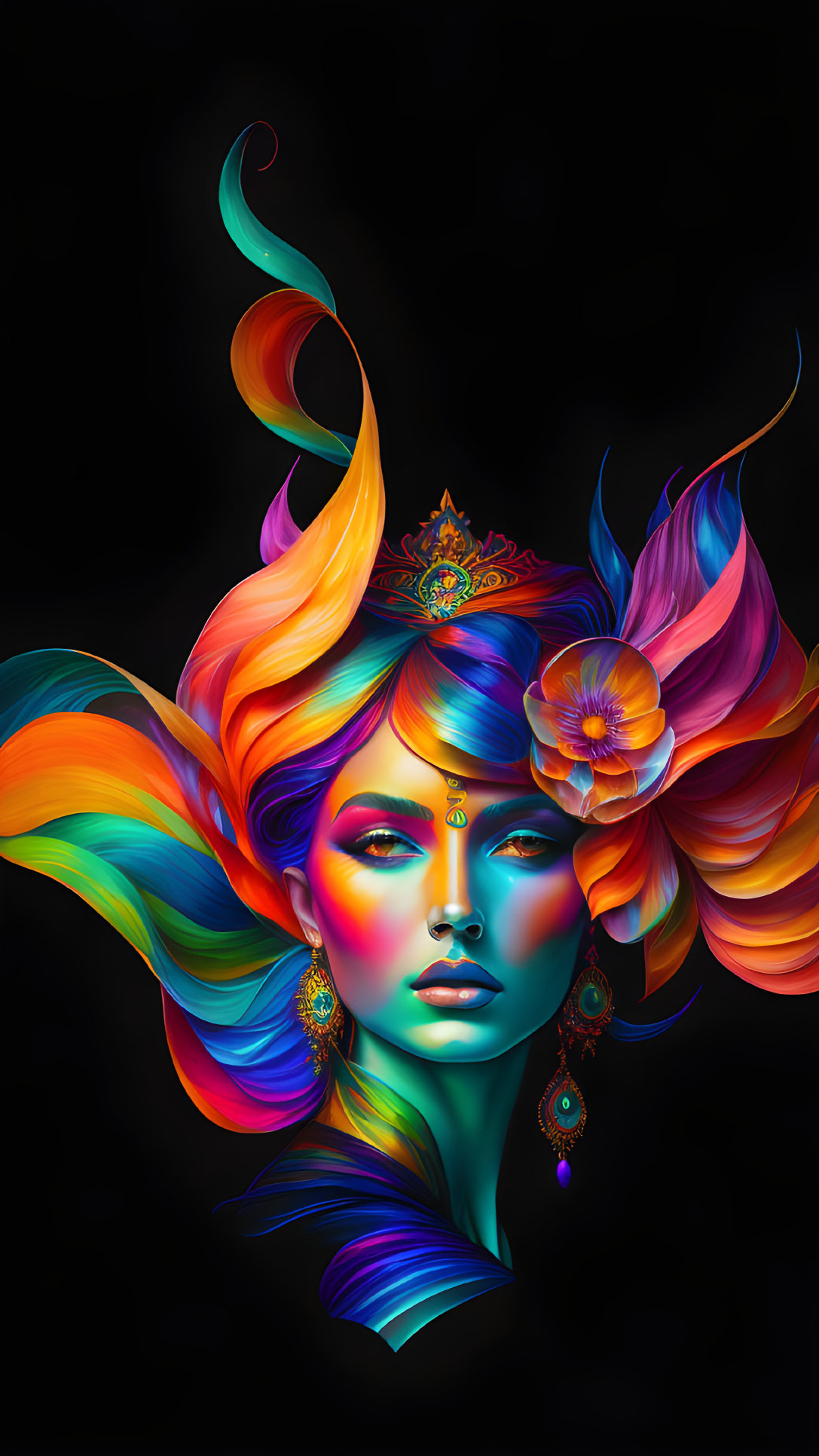 Colorful digital artwork: Woman with flowing hair and jewelry on black background