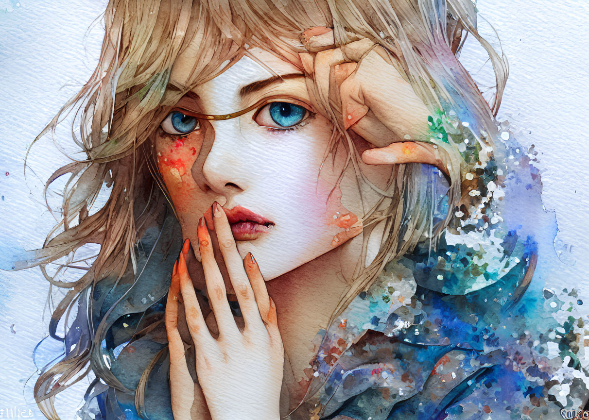 Girl with Tousled Hair and Blue Eyes Watercolor Illustration