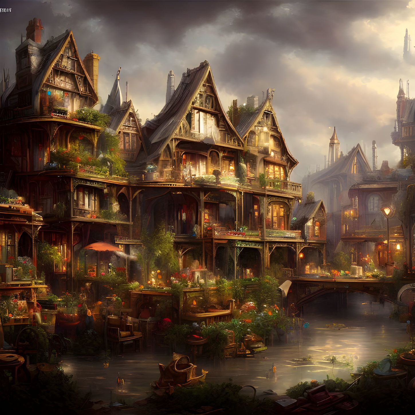 Intricate Medieval-style Fantasy Cityscape with River and Boats