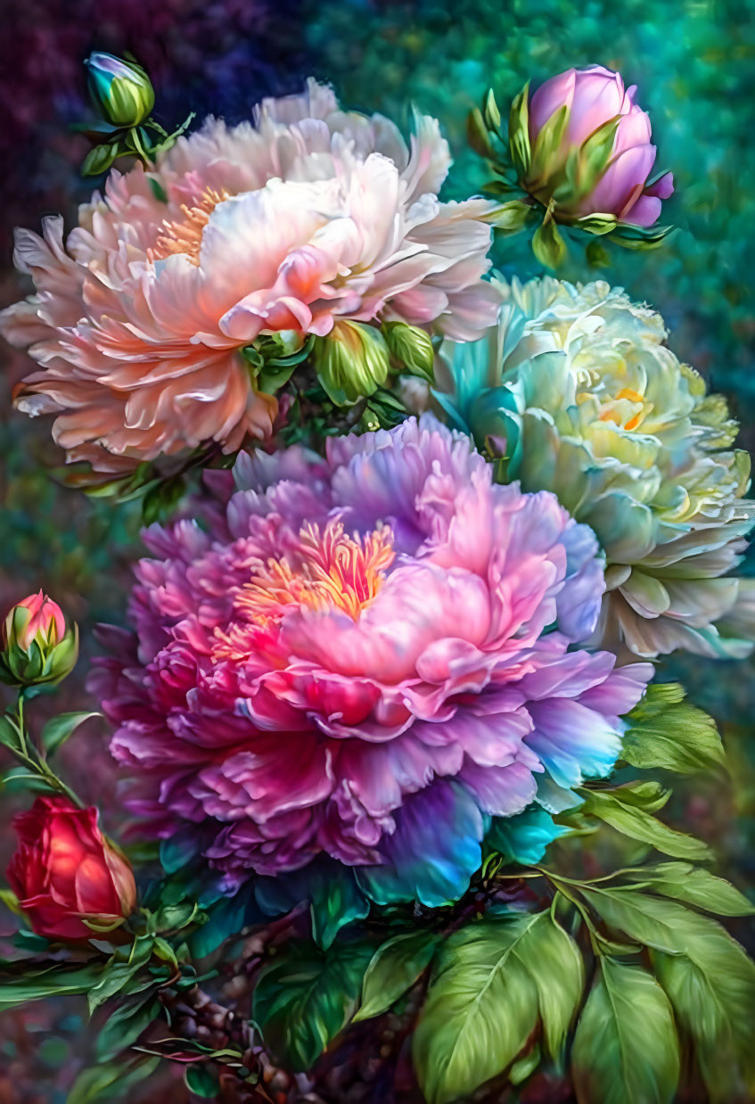 Colorful Peony Bouquet on Dark Background