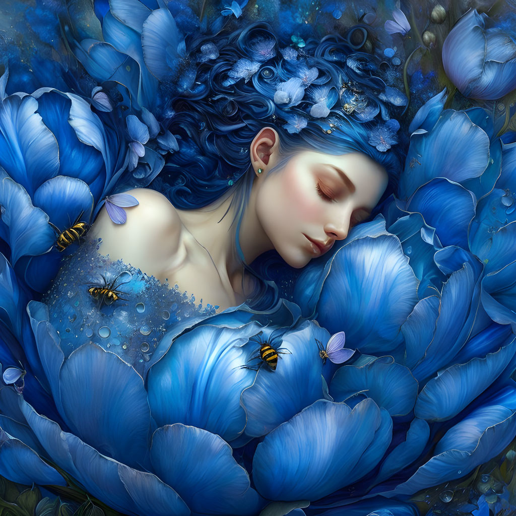 Tranquil nature scene with woman, blue flowers, petals, and insects