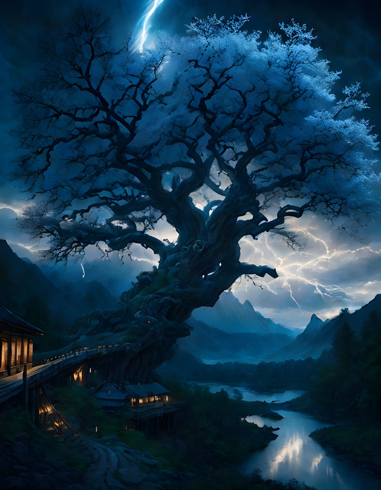 Ancient tree with glowing blue canopy over tranquil river in mountainous landscape