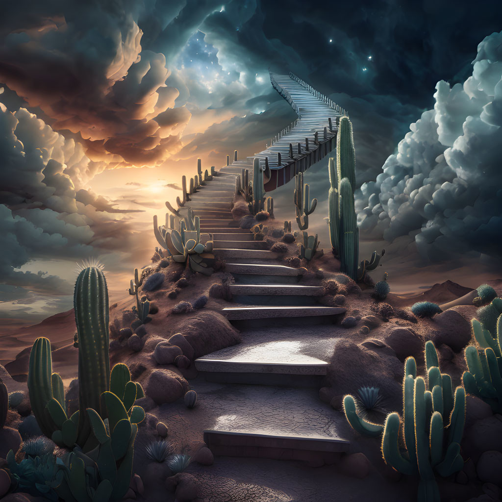 Surreal landscape with staircase, cacti, twilight sky, and contrasting clouds