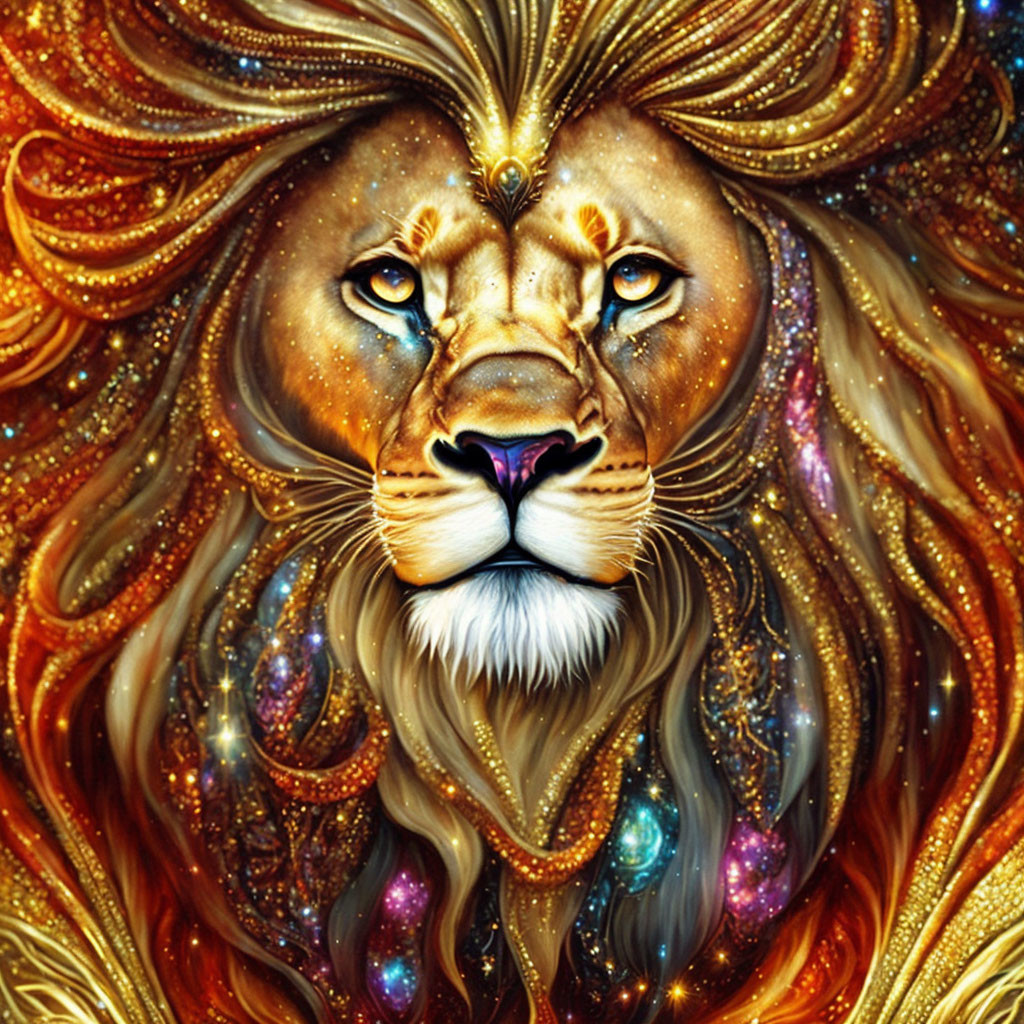 Majestic lion digital artwork with golden swirls and cosmic patterns