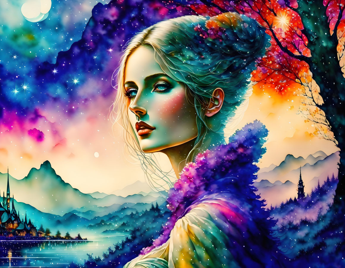 Digital artwork: Woman merged with autumn landscape, mountains, lake, starry sky