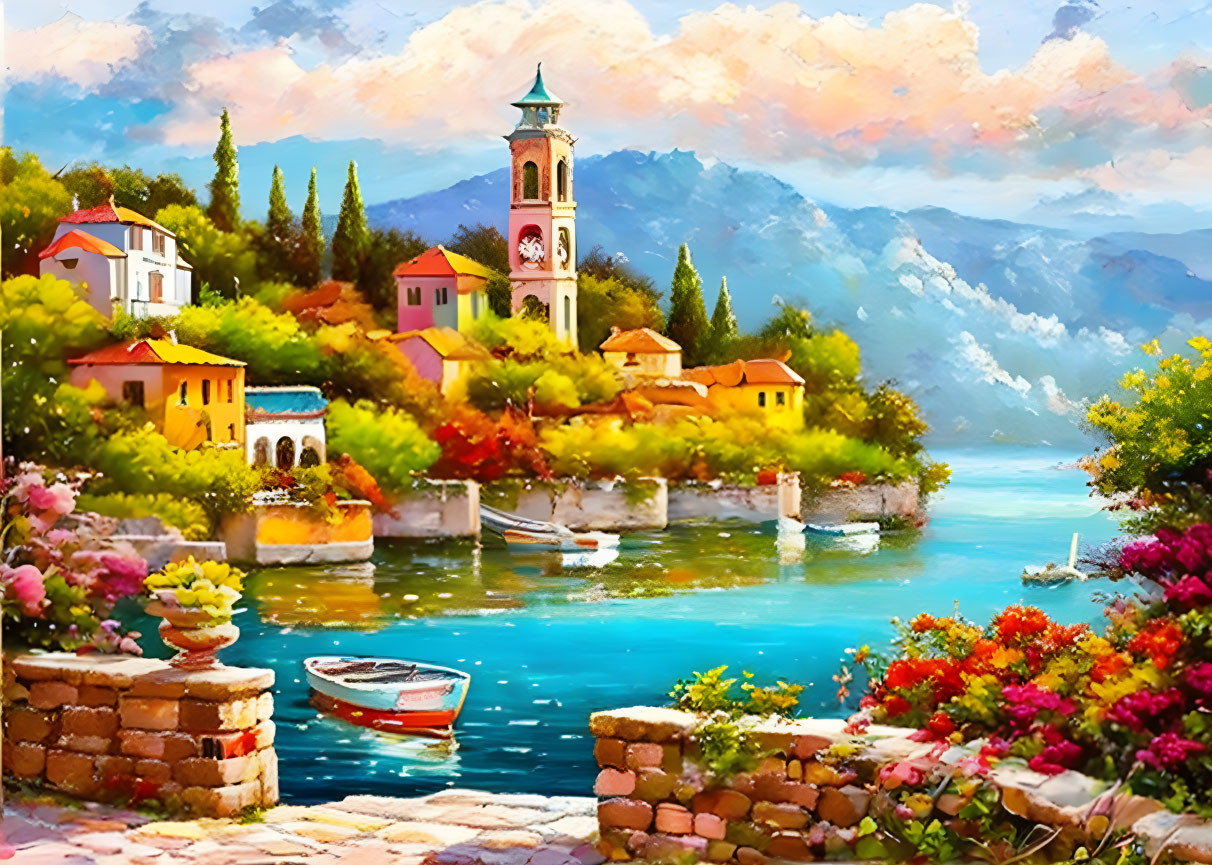 Colorful Lakeside Village Painting with Bell Tower and Boat