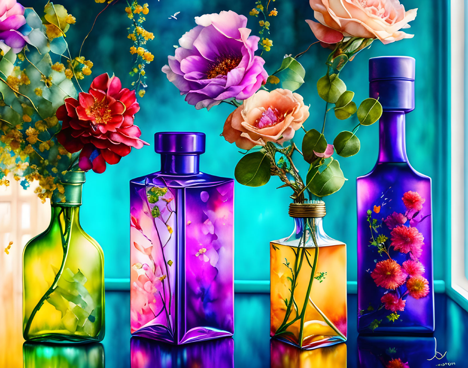 Colorful Glass Bottle Artwork with Blooming Flowers on Teal Background