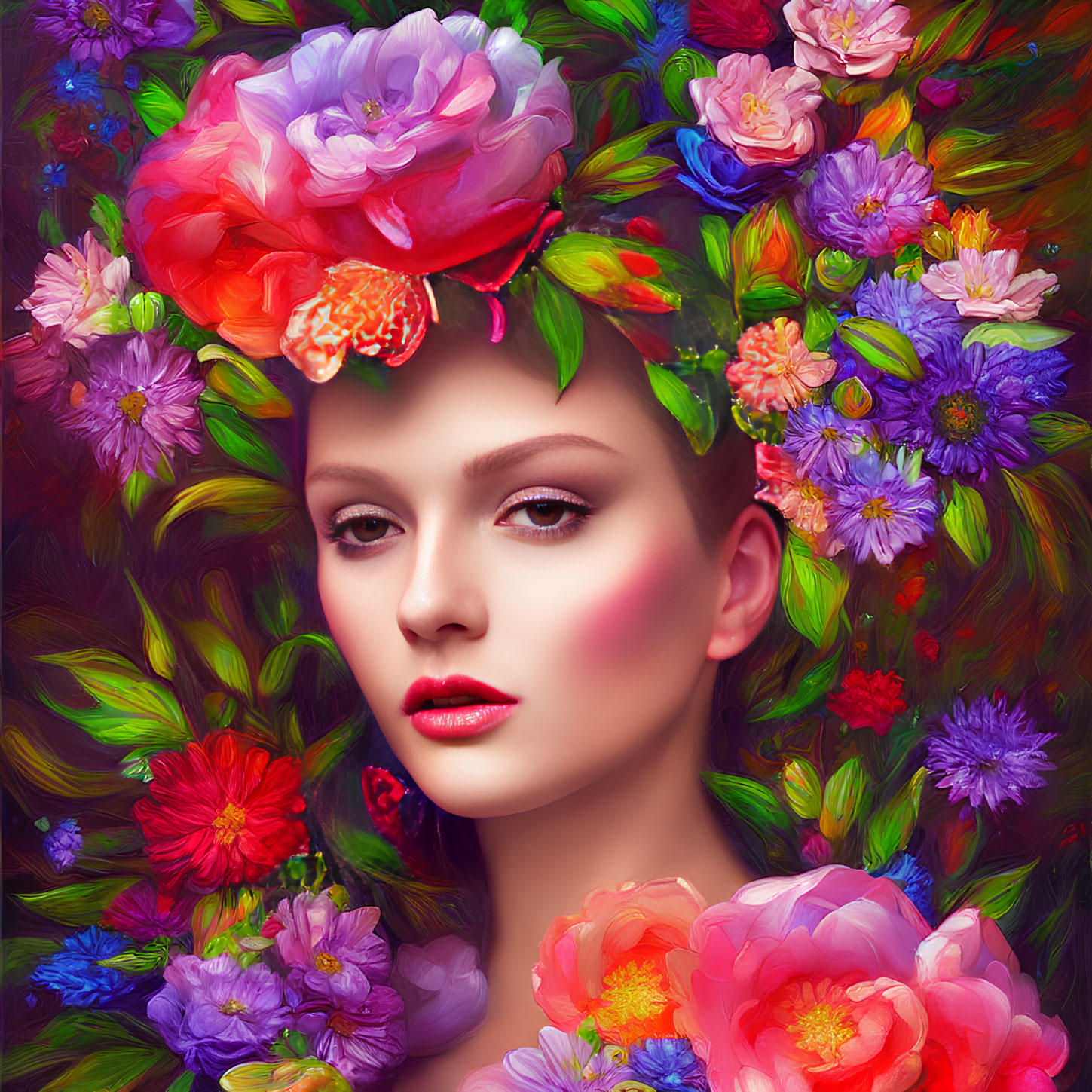 Vibrant Woman with Multicolored Floral Crown and Lush Flower Surroundings