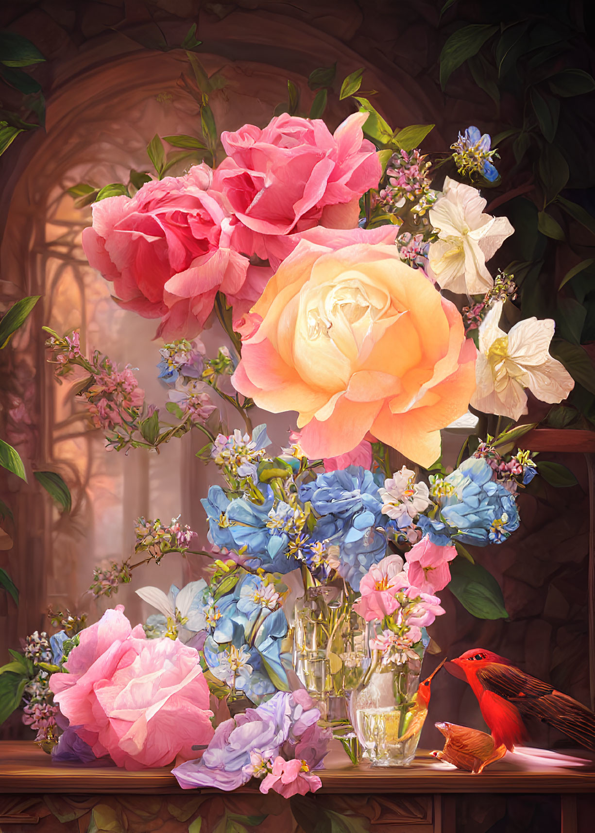 Colorful flowers and bird in sunlit window nook